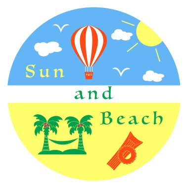 Güneş, bulutlar, plaj, kuşlar, hava balonu palmiye ağaçları, hamak, şişme yatak, şişme daire. Yaz eğlence.