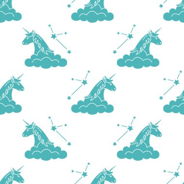 Sihirli unicorn ve takımyıldızları, bulutlar ile Seamless modeli. Tasarım çocuk grafik, t-shirt, kapak, hediye kartı için.