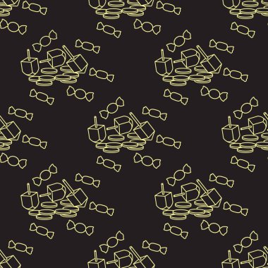 Topaç, sevivon, paralar, tatlılar ile Seamless modeli. Yahudi Bayramı Hanuka. Çocuk oyunu.