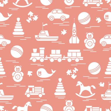 Çocuk oyuncakları ile Seamless modeli. Tren, otomobil, toplar, sallanan at, Roly, balina, bulmacalar, Piramit, tekne.