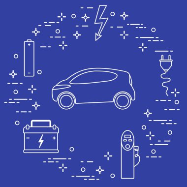 Elektrikli otomobil, pil, şarj istasyonu, elektrik güvenliği işareti, kablo, elektrik prizinden. Yeni ulaşım Çevre teknolojileri. 