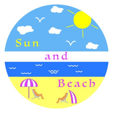 Güneş, bulutlar, kuşlar, deniz, dalgalar, plaj, insanlar, şezlong mevcuttur, şemsiye, tente. Yaz eğlence.