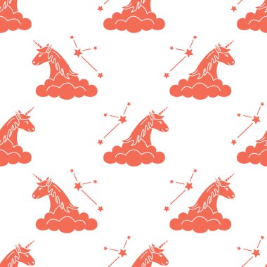 Sihirli unicorn ve takımyıldızları, bulutlar ile Seamless modeli. Tasarım çocuk grafik, t-shirt, kapak, hediye kartı için.