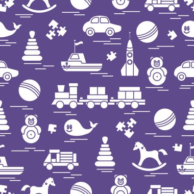 Çocuk oyuncakları ile Seamless modeli. Tren, otomobil, toplar, sallanan at, Roly, balina, bulmacalar, Piramit, tekne.