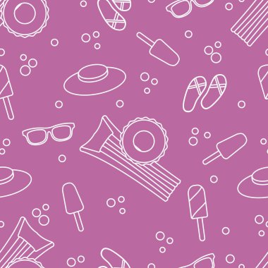 Şişme yatak, şişme daire, dondurma, şapka, Gözlük, plaj terlikleri ile Seamless modeli. Yaz dinlenme kavramı.