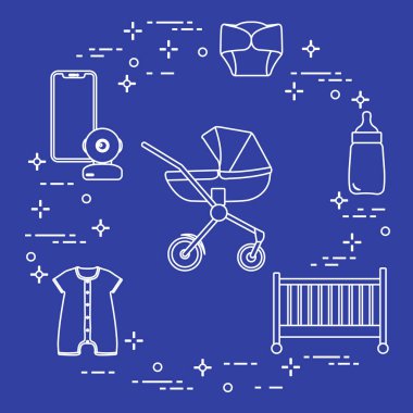 Bebekler için ürünler. Puset, beşik, Bebek telsizi, şişe, su geçirmez Külot, Tulum.