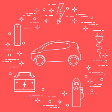 Elektrikli otomobil, pil, şarj istasyonu, elektrik güvenliği işareti, kablo, elektrik prizinden. Yeni ulaşım Çevre teknolojileri. 