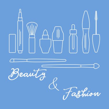 Makyaj. Dekoratif kozmetik Kozmetik yağı. Glamour moda moda stil. Göz kalemi, fırçalar, ruj, Kozmetik yağı, aplikatör, maskara.