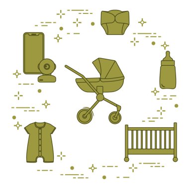 Bebekler için ürünler. Puset, beşik, Bebek telsizi, şişe, su geçirmez Külot, Tulum.