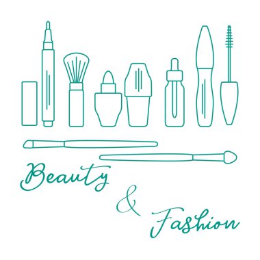 Makyaj. Dekoratif kozmetik Kozmetik yağı. Glamour moda moda stil. Göz kalemi, fırçalar, ruj, Kozmetik yağı, aplikatör, maskara.