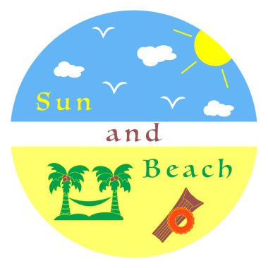 Güneş, bulutlar, kuşlar, plaj, palmiye ağaçları, hamak, şişme yatak, şişme daire. Yaz eğlence.