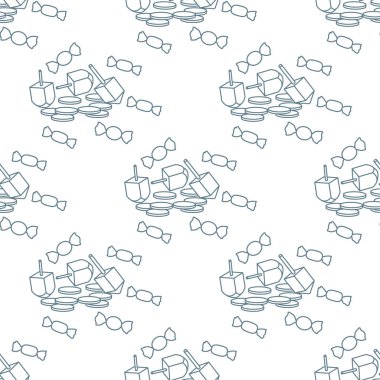 Topaç, sevivon, paralar, tatlılar ile Seamless modeli. Yahudi Bayramı Hanuka. Çocuk oyunu.