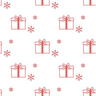 Hediye kutuları ile Seamless modeli şeritler ve kar taneleri ile bağlı. Tasarım kartpostal, davet, afiş için.