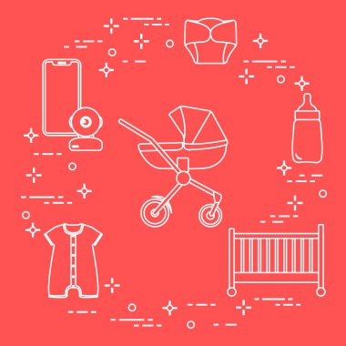 Bebekler için ürünler. Puset, beşik, Bebek telsizi, şişe, su geçirmez Külot, Tulum.