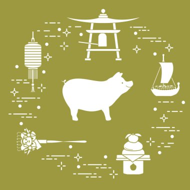 Mutlu yeni yıl 2019 kartı. Japonya'da yeni yıl sembolleri. Yaban domuzu, fener, çan, mochi, portakal, hazine gemi. Farklı ülkelerin şenlikli gelenekleri.