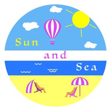 Güneş, bulutlar, kuşlar, hava balon, plaj, insanlar, şezlong, şemsiye, çardak. Yaz eğlence.