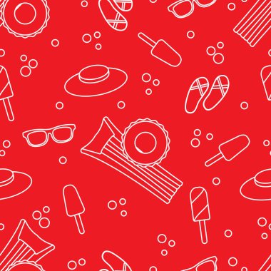 Şişme yatak, şişme daire, dondurma, şapka, Gözlük, plaj terlikleri ile Seamless modeli. Yaz dinlenme kavramı.