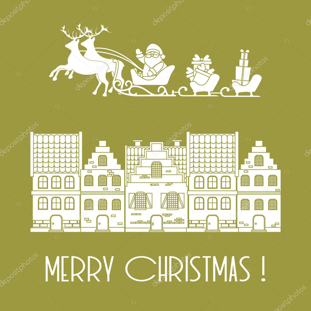 Christmas card. Vector illustration Santa Claus with gifts in sleighs with reindeers and houses. Design for postcard, banner, print.