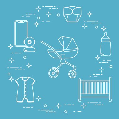 Bebekler için ürünler. Puset, beşik, Bebek telsizi, şişe, su geçirmez Külot, Tulum.