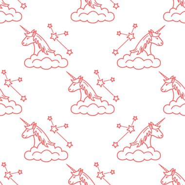 Sihirli unicorn ve takımyıldızları, bulutlar ile Seamless modeli. Tasarım çocuk grafik, t-shirt, kapak, hediye kartı için.
