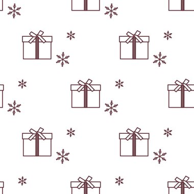 Hediye kutuları ile Seamless modeli şeritler ve kar taneleri ile bağlı. Tasarım kartpostal, davet, afiş için.