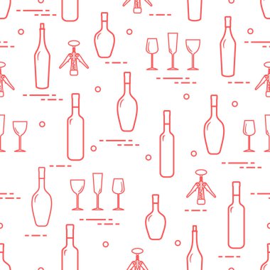 Şarap, Gözlük, tirbuşon, şarap şişeleri seamless modeli. Şarap yapma. Tatmak. Sommelier.