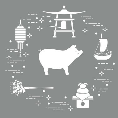 Mutlu yeni yıl 2019 kartı. Japonya'da yeni yıl sembolleri. Yaban domuzu, fener, çan, mochi, portakal, hazine gemi. Farklı ülkelerin şenlikli gelenekleri.