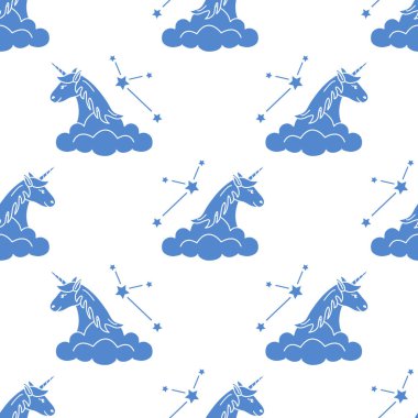 Sihirli unicorn ve takımyıldızları, bulutlar ile Seamless modeli. Tasarım çocuk grafik, t-shirt, kapak, hediye kartı için.