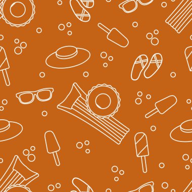 Şişme yatak, şişme daire, dondurma, şapka, Gözlük, plaj terlikleri ile Seamless modeli. Yaz dinlenme kavramı.