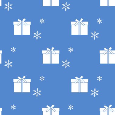 Hediye kutuları ile Seamless modeli şeritler ve kar taneleri ile bağlı. Tasarım kartpostal, davet, afiş için.