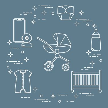 Bebekler için ürünler. Puset, beşik, Bebek telsizi, şişe, su geçirmez Külot, Tulum.