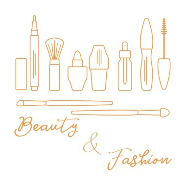 Makyaj. Dekoratif kozmetik Kozmetik yağı. Glamour moda moda stil. Göz kalemi, fırçalar, ruj, Kozmetik yağı, aplikatör, maskara.