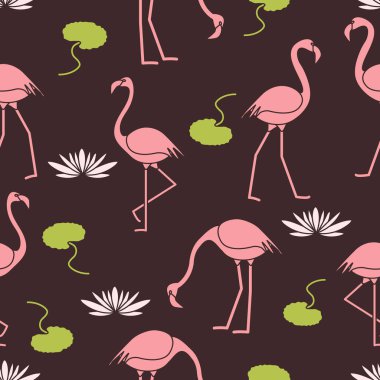 Flamingo, çiçek ve yaprakları nilüferler ile Seamless modeli. Tasarım poster ya da baskı için.