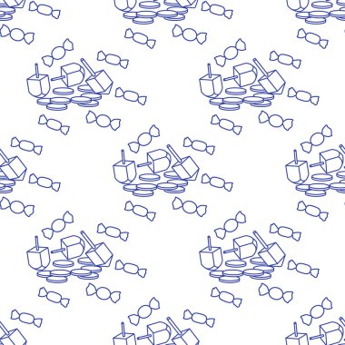 Topaç, sevivon, paralar, tatlılar ile Seamless modeli. Yahudi Bayramı Hanuka. Çocuk oyunu.