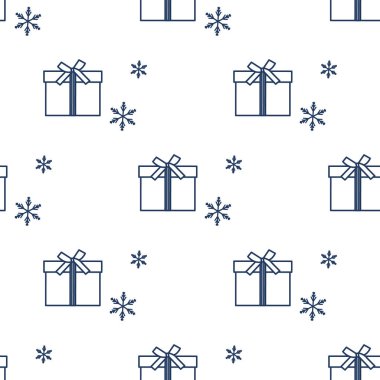 Hediye kutuları ile Seamless modeli şeritler ve kar taneleri ile bağlı. Tasarım kartpostal, davet, afiş için.