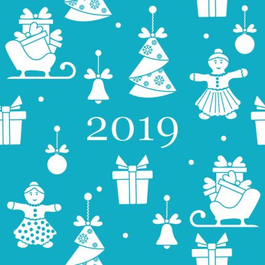 Noel ve yeni yıl sembolleri ile Seamless modeli. Noel ağaçları origami, zencefilli kurabiye adam, çan, toplar, kızakları, hediyeler.