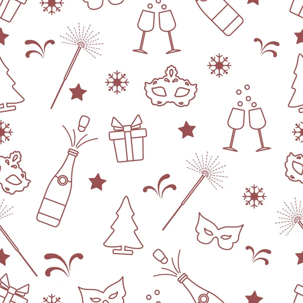 具有新年符号的无缝图案 瓶子和酒杯 圣诞树 — 图库矢量图片