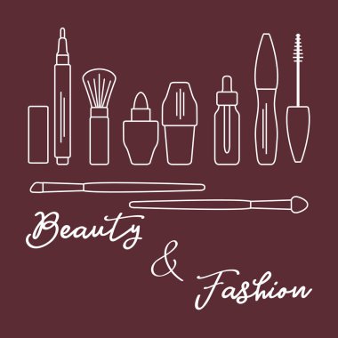 Makyaj. Dekoratif kozmetik Kozmetik yağı. Glamour moda moda stil. Göz kalemi, fırçalar, ruj, Kozmetik yağı, aplikatör, maskara.