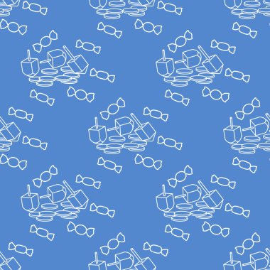 Topaç, sevivon, paralar, tatlılar ile Seamless modeli. Yahudi Bayramı Hanuka. Çocuk oyunu.