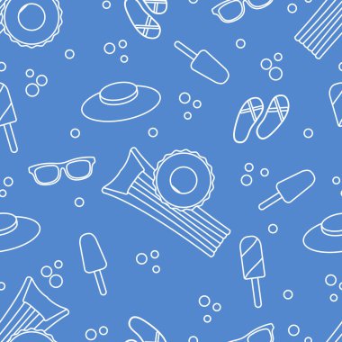Şişme yatak, şişme daire, dondurma, şapka, Gözlük, plaj terlikleri ile Seamless modeli. Yaz dinlenme kavramı.