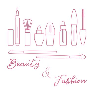 Makyaj. Dekoratif kozmetik Kozmetik yağı. Glamour moda moda stil. Göz kalemi, fırçalar, ruj, Kozmetik yağı, aplikatör, maskara.