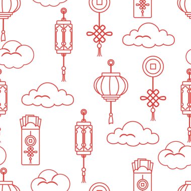 Çin fenerler, Çin para zarf, coin için iyi şanslar, bulutlar. Farklı ülkelerin şenlikli gelenekleri.