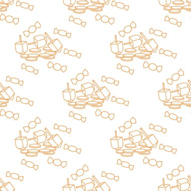 Topaç, sevivon, paralar, tatlılar ile Seamless modeli. Yahudi Bayramı Hanuka. Çocuk oyunu.