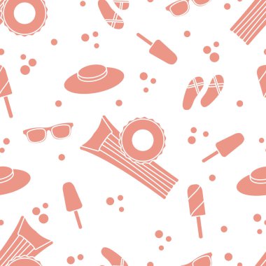 Şişme yatak, şişme daire, dondurma, şapka, Gözlük, plaj terlikleri ile Seamless modeli. Yaz dinlenme kavramı.