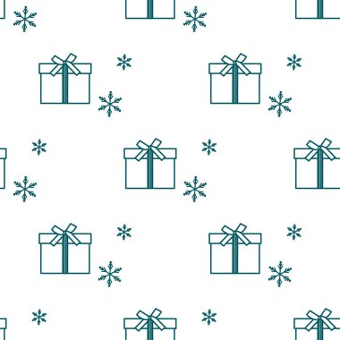 Hediye kutuları ile Seamless modeli şeritler ve kar taneleri ile bağlı. Tasarım kartpostal, davet, afiş için.