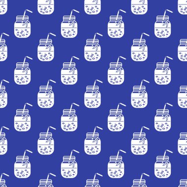 Güler yüzlü kavanoz ve tüpler ile Seamless modeli. Sağlıklı beslenme alışkanlıkları. Kolay pişirme işlemi.