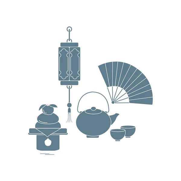 Symboles Nouvel Oriental Lanterne Chinoise Bouilloire Avec Deux Tasses Ventilateur — Image vectorielle