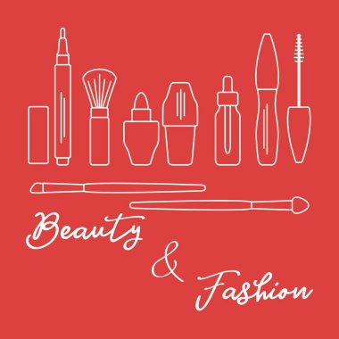 Makyaj. Dekoratif kozmetik Kozmetik yağı. Glamour moda moda stil. Göz kalemi, fırçalar, ruj, Kozmetik yağı, aplikatör, maskara.
