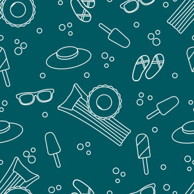 Şişme yatak, şişme daire, dondurma, şapka, Gözlük, plaj terlikleri ile Seamless modeli. Yaz dinlenme kavramı.