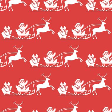 Noel ve mutlu yeni yıl 2019 seamless modeli. Vektör çizim Noel Baba hediyeleri kıvrıla reindeers ile birlikte. Tasarımı için yazdırma.